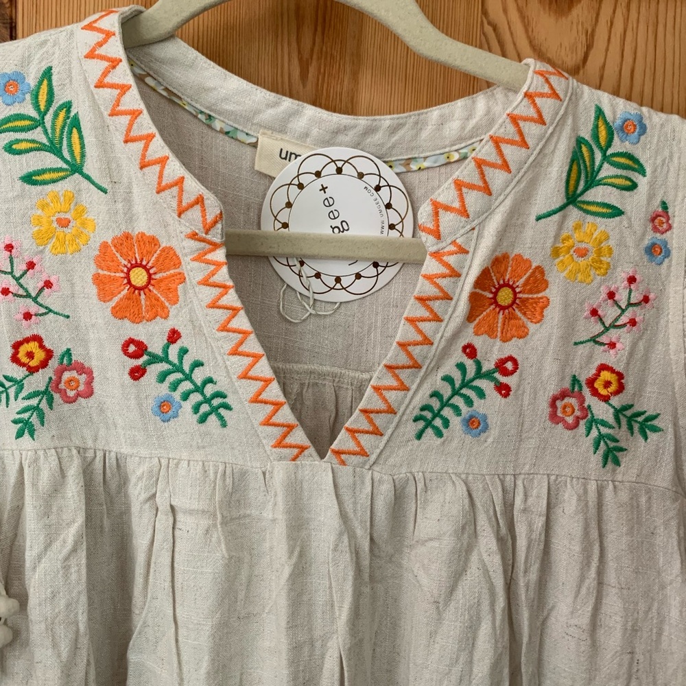 NWT Umgee Cream Embroidered Boho Peasant Top with Orange Green Pink Accents - Picture 7 of 10